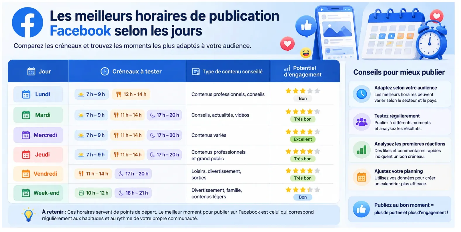les meilleurs horaires de publication facebook selon les jours